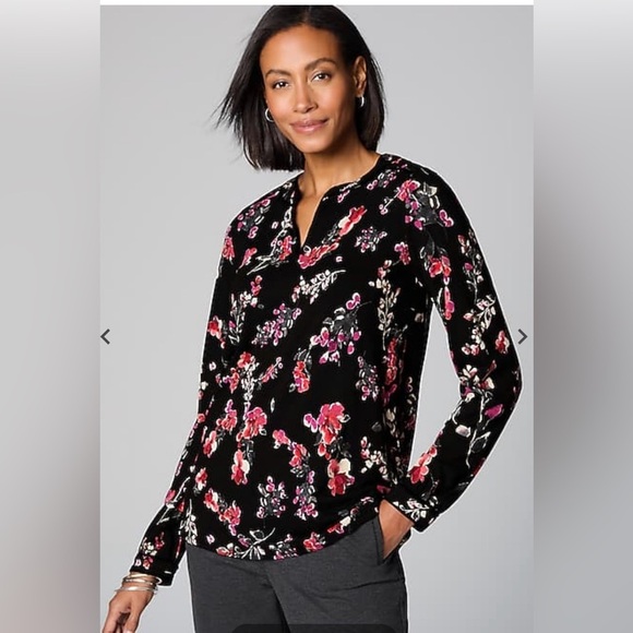 J Jill Floral Black and Pink Women's Top Velvet-Piped Top - Picture 1 of 17